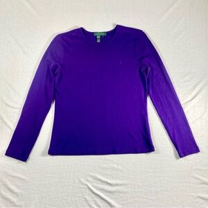 Ralph Lauren Women's Long Sleeve Crewneck Tee Purple Embroidered Logo S Cotton
